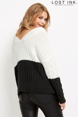 Lost Ink Colour Block V Neck Jumper